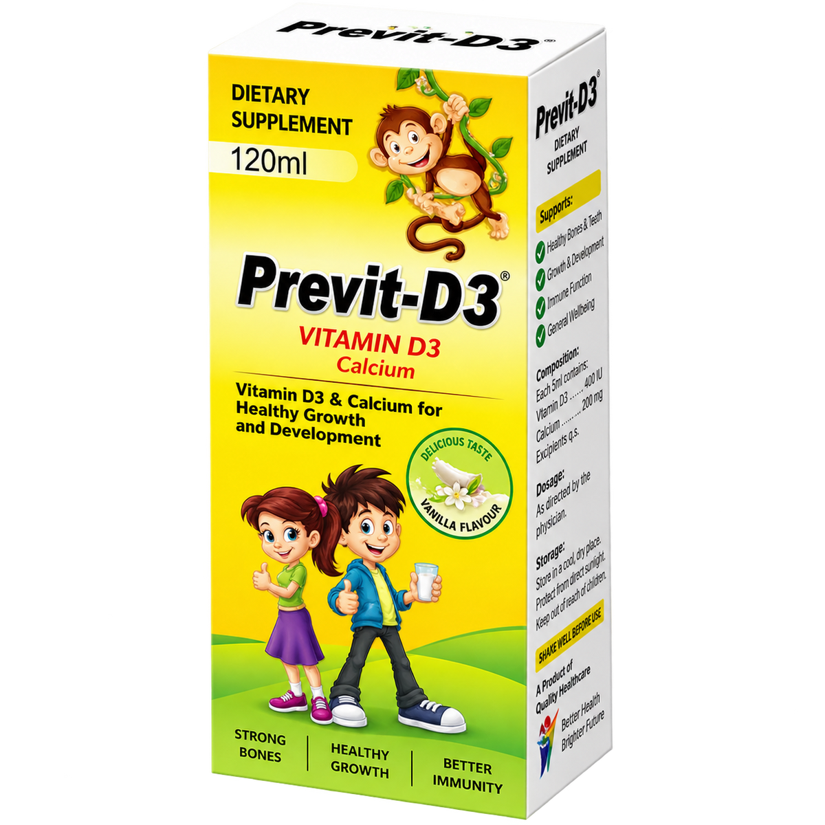 Previt-D3 syrup label showing calcium carbonate 500mg and vitamin D3 400IU per 5ml