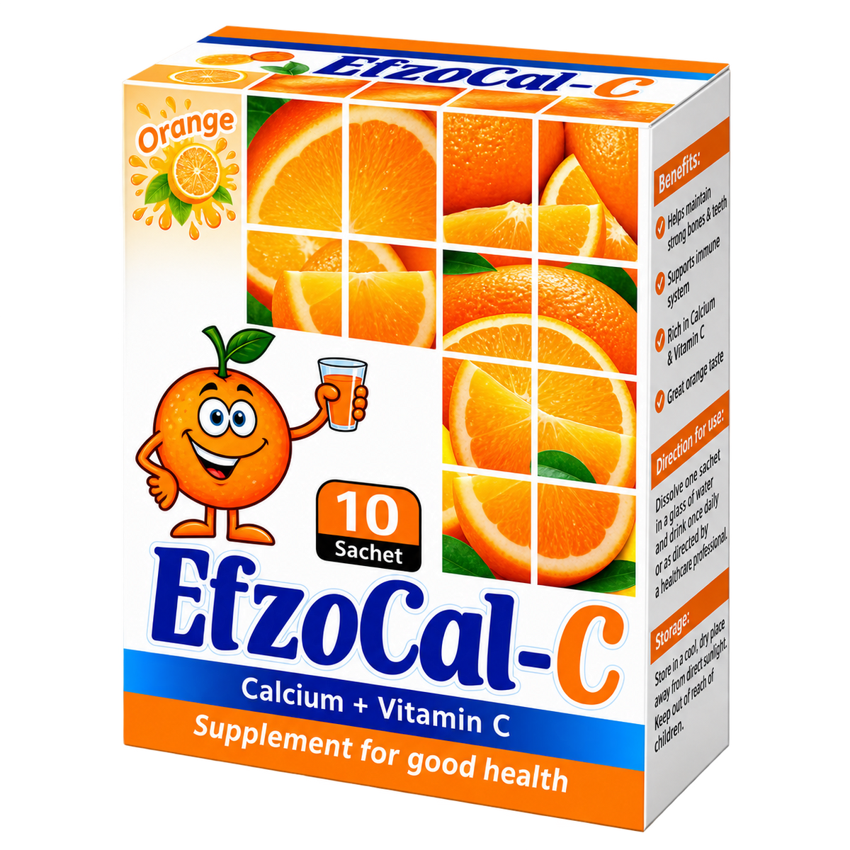 Efzocal-C sachet label showing calcium lactate gluconate and vitamin C per 6g sachet