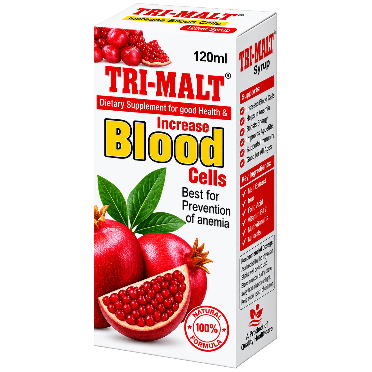 Tri-Malt 120ml label showing ferrous bisglycinate and B vitamins per 5ml