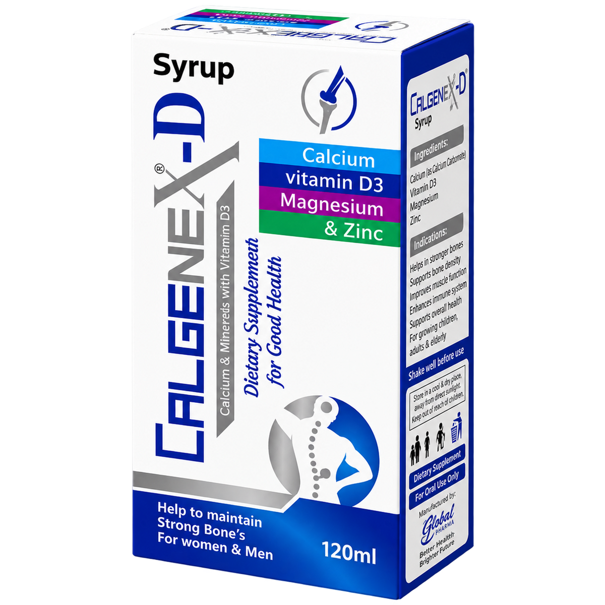 Calgenex syrup label showing calcium, vitamin D3, magnesium and zinc per 5ml