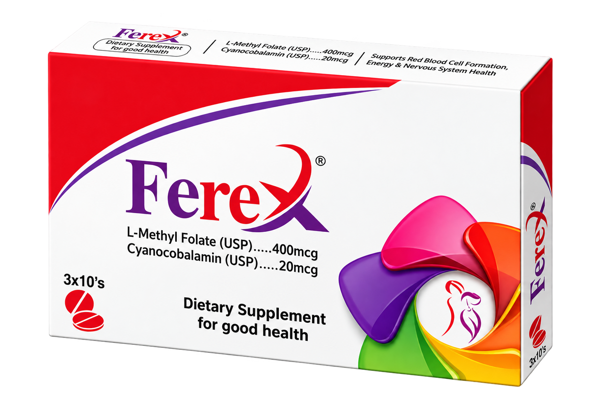 Ferex pack label showing L-methylfolate 400mcg and cyanocobalamin 20mcg