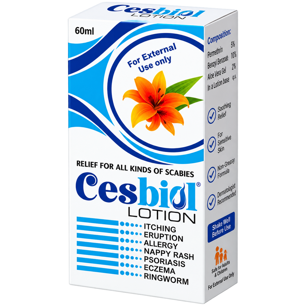 Cesbiol lotion label showing 10% aloe vera and menthol