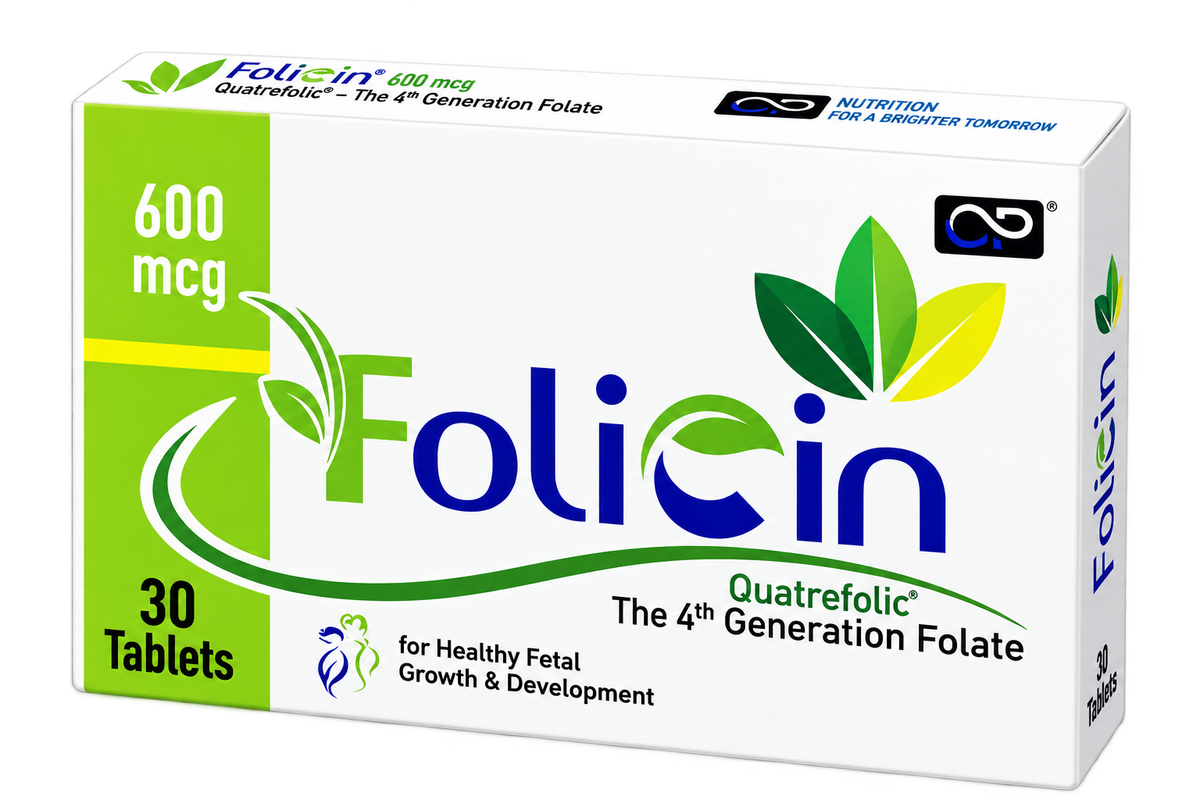 Folicin pack label showing folic acid 400mcg per tablet