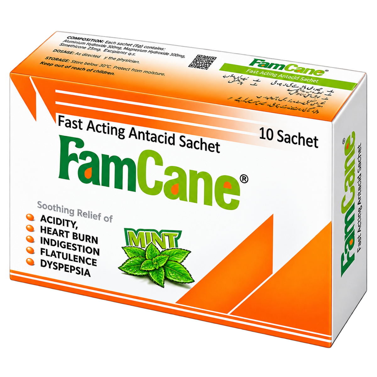 Famcane sachet label showing turmeric, ginger and peppermint extract per 6g sachet