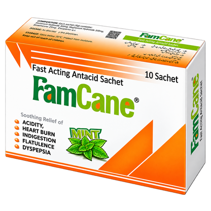 Famcane sachet label showing turmeric, ginger and peppermint extract per 6g sachet
