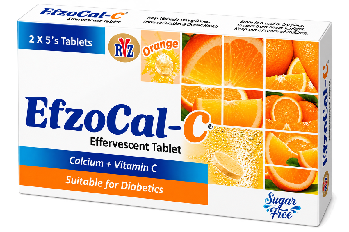 Efzocal-C tube label showing calcium lactate gluconate and vitamin C per tablet