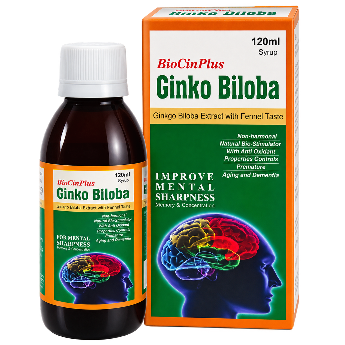 Biocin Plus ginkgo biloba syrup 120ml bottle by Zonex Pharma