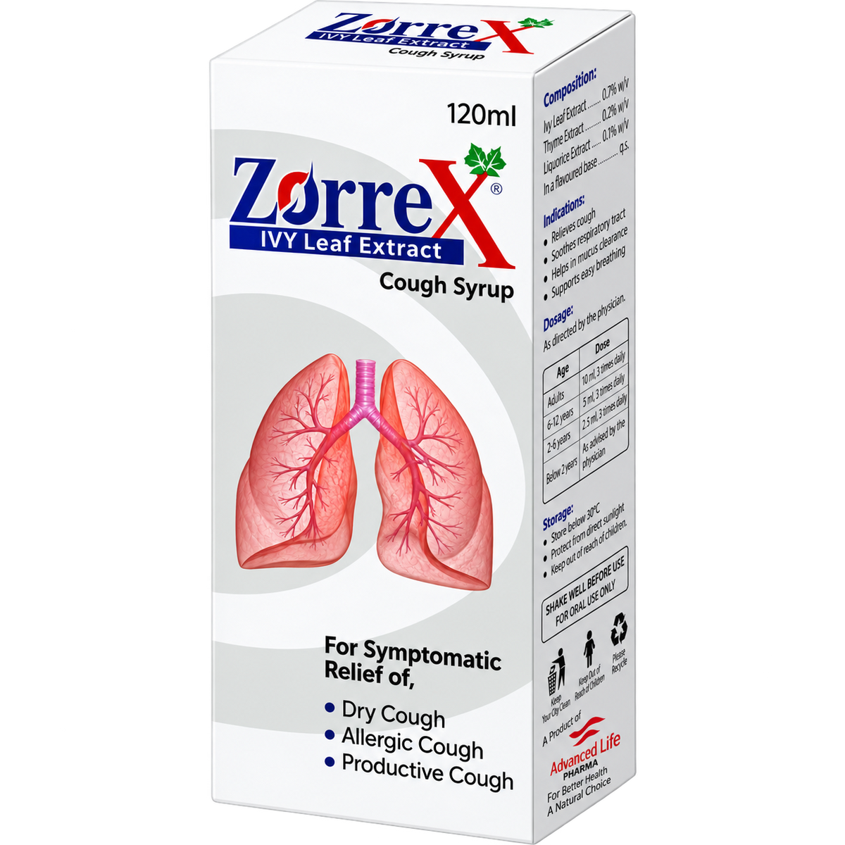 Zorrex syrup label showing ivy leaf extract, licorice, thymol and menthol per 5ml