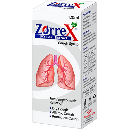 Zorrex syrup label showing ivy leaf extract, licorice, thymol and menthol per 5ml