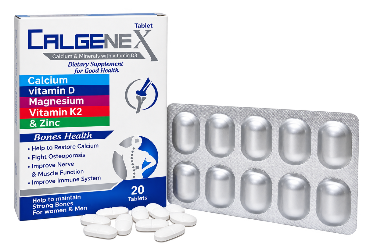 Calgenex tablets composition panel showing calcium, vitamin D, magnesium, K2 and zinc