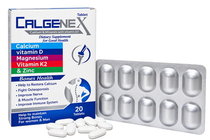Calgenex tablets composition panel showing calcium, vitamin D, magnesium, K2 and zinc