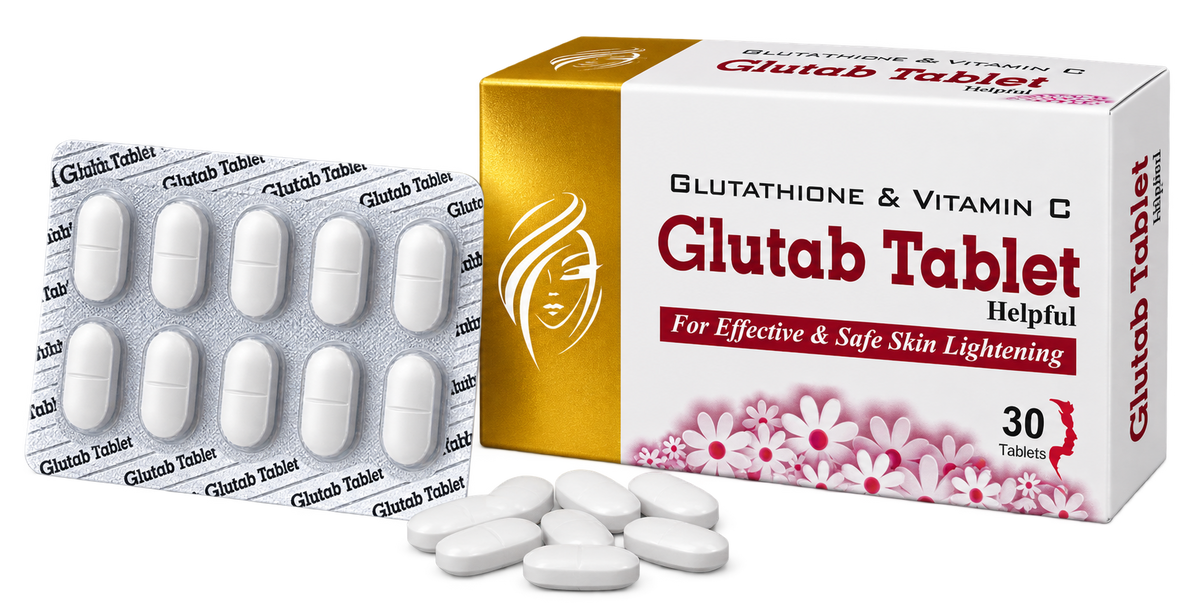 Glutab White pack showing L-glutathione and vitamin C ingredients