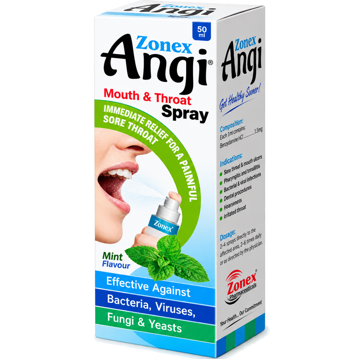 Zonex Angi throat spray nozzle and label showing benzalkonium chloride
