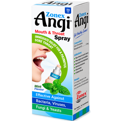 Zonex Angi throat spray nozzle and label showing benzalkonium chloride