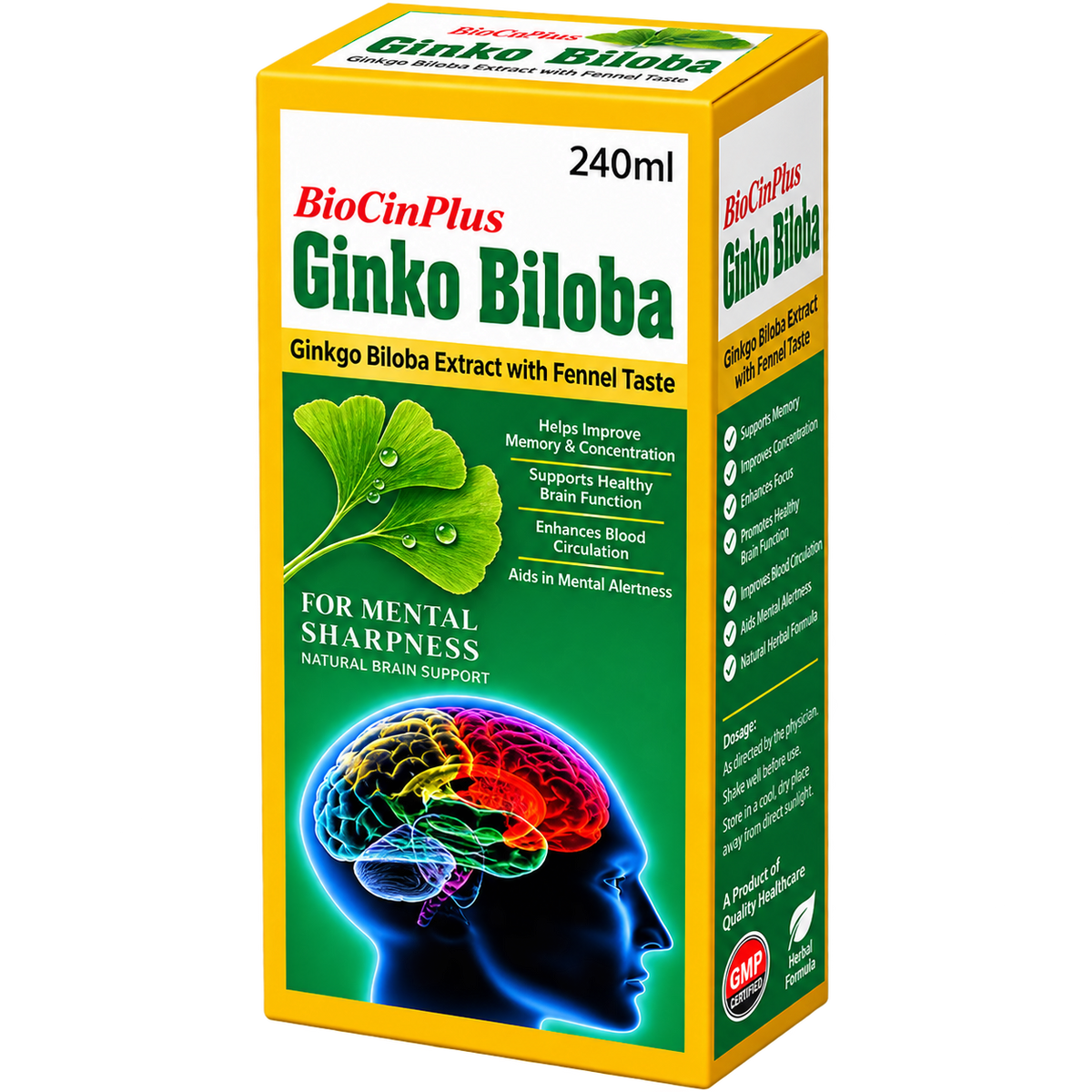 Biocin Plus syrup label showing ginkgo biloba extract 120mg per 5ml