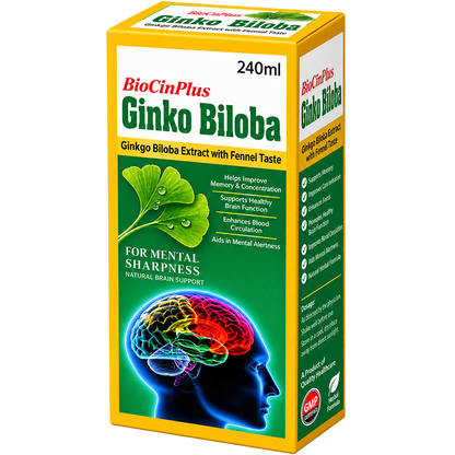 Biocin Plus syrup label showing ginkgo biloba extract 120mg per 5ml