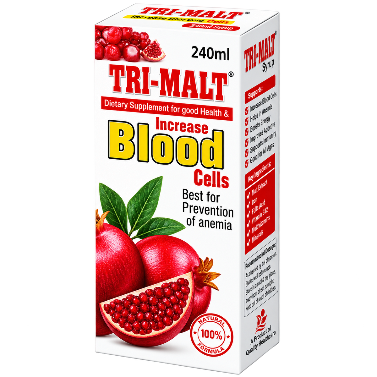 Tri-Malt syrup label showing ferrous bisglycinate and B vitamins per 5ml