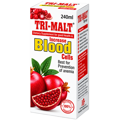 Tri-Malt syrup label showing ferrous bisglycinate and B vitamins per 5ml