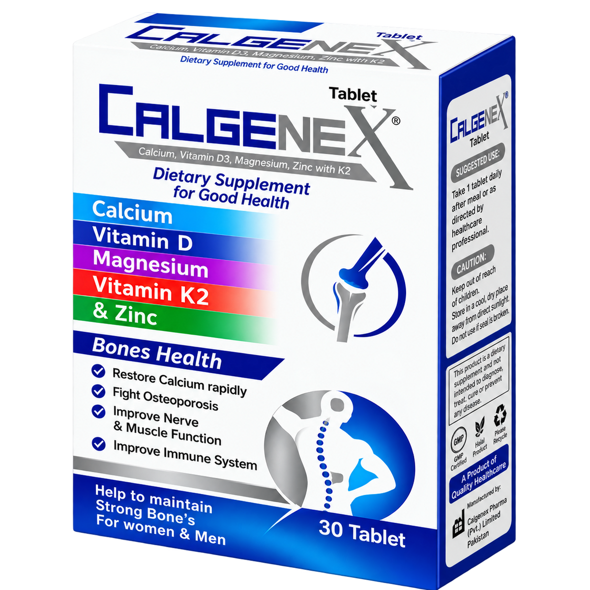 Calgenex tablets composition panel showing calcium, vitamin D, magnesium, K2 and zinc
