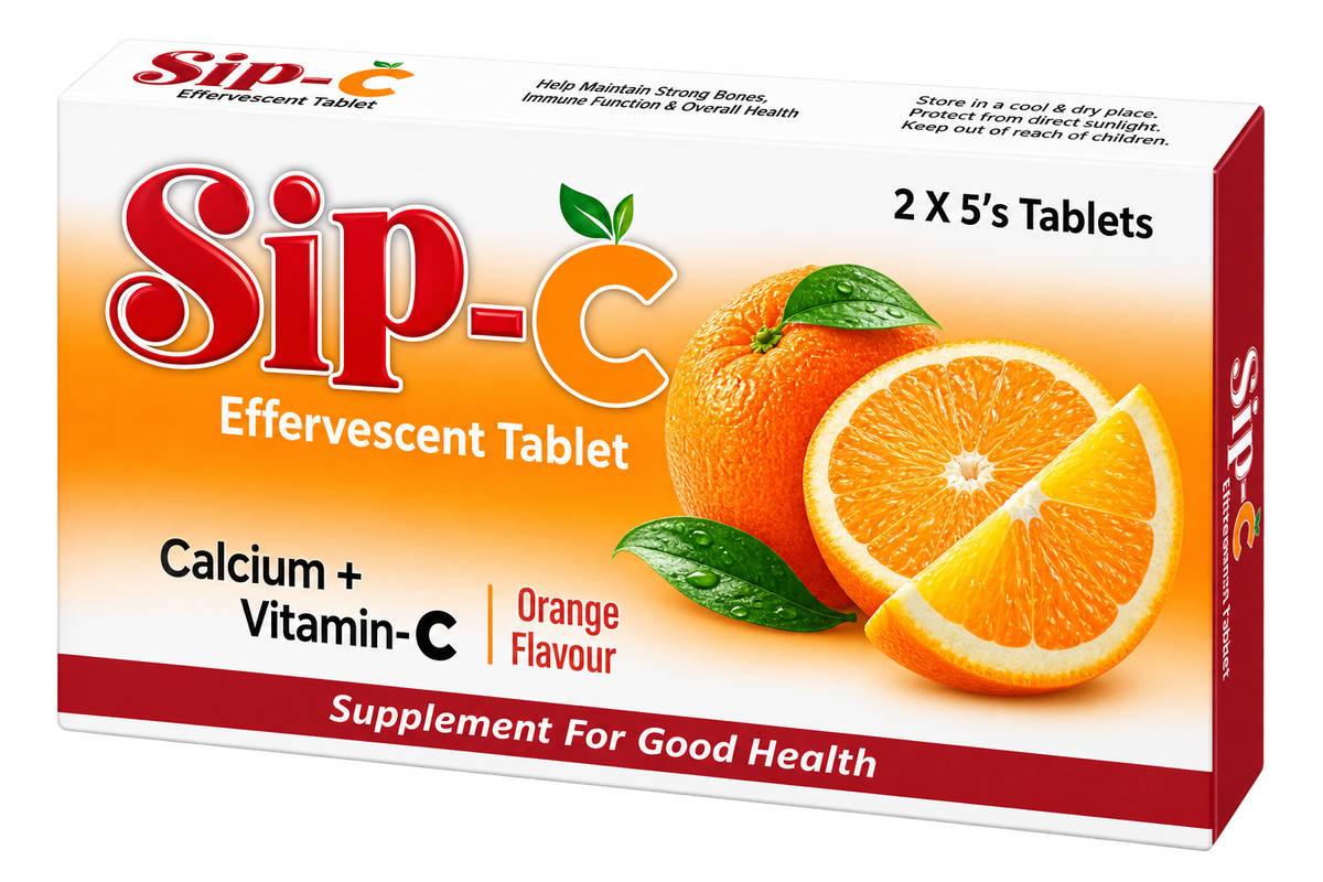 Sip-C tube label showing vitamin C 500mg and calcium carbonate per tablet