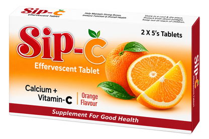 Sip-C tube label showing vitamin C 500mg and calcium carbonate per tablet