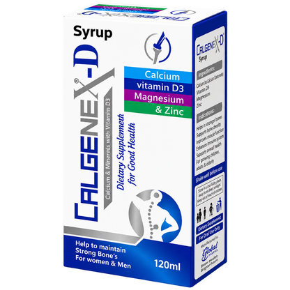 Calgenex syrup label showing calcium, vitamin D3, magnesium and zinc per 5ml