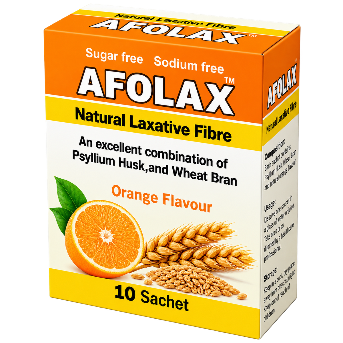 Afolax sachet label showing psyllium husk and wheat bran per 6g sachet