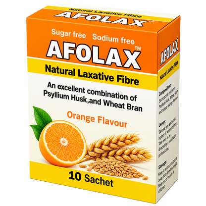 Afolax sachet label showing psyllium husk and wheat bran per 6g sachet
