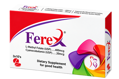 Ferex pack label showing L-methylfolate 400mcg and cyanocobalamin 20mcg