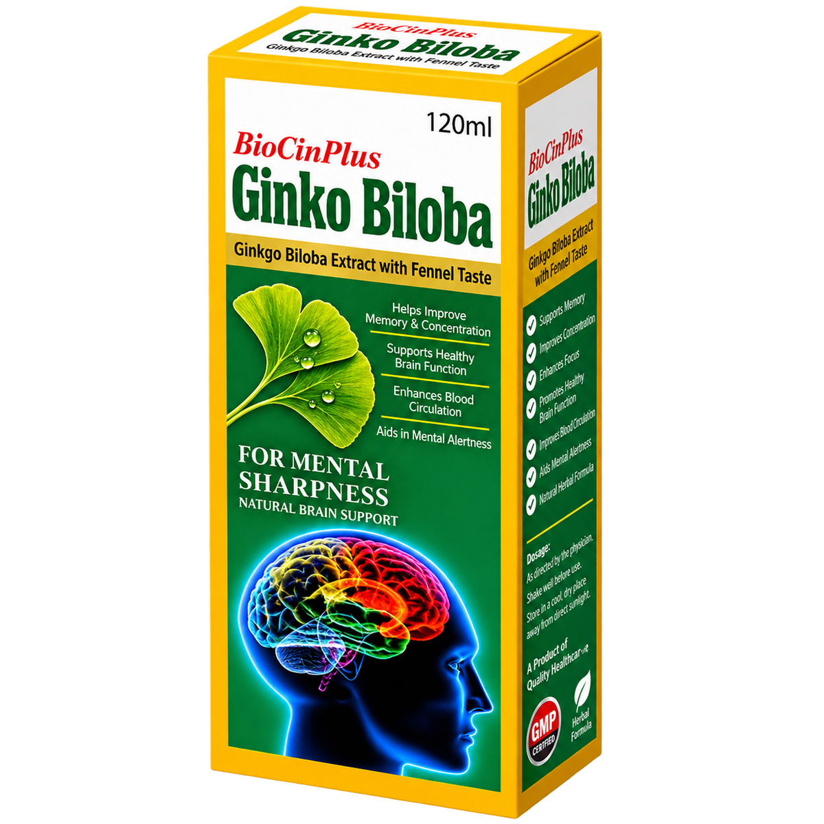 Biocin Plus 120ml label showing ginkgo biloba extract per 5ml