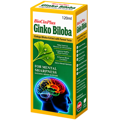 Biocin Plus 120ml label showing ginkgo biloba extract per 5ml