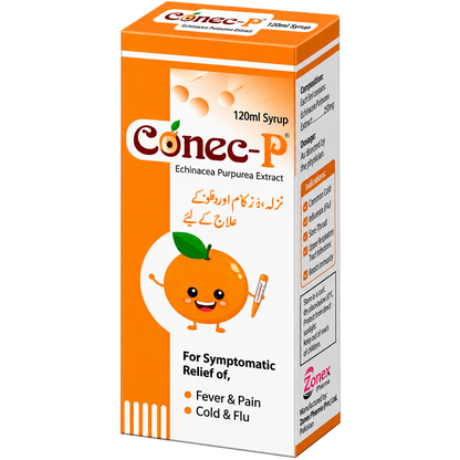 Conec-P syrup label showing echinacea purpurea extract 37.5mg per 5ml