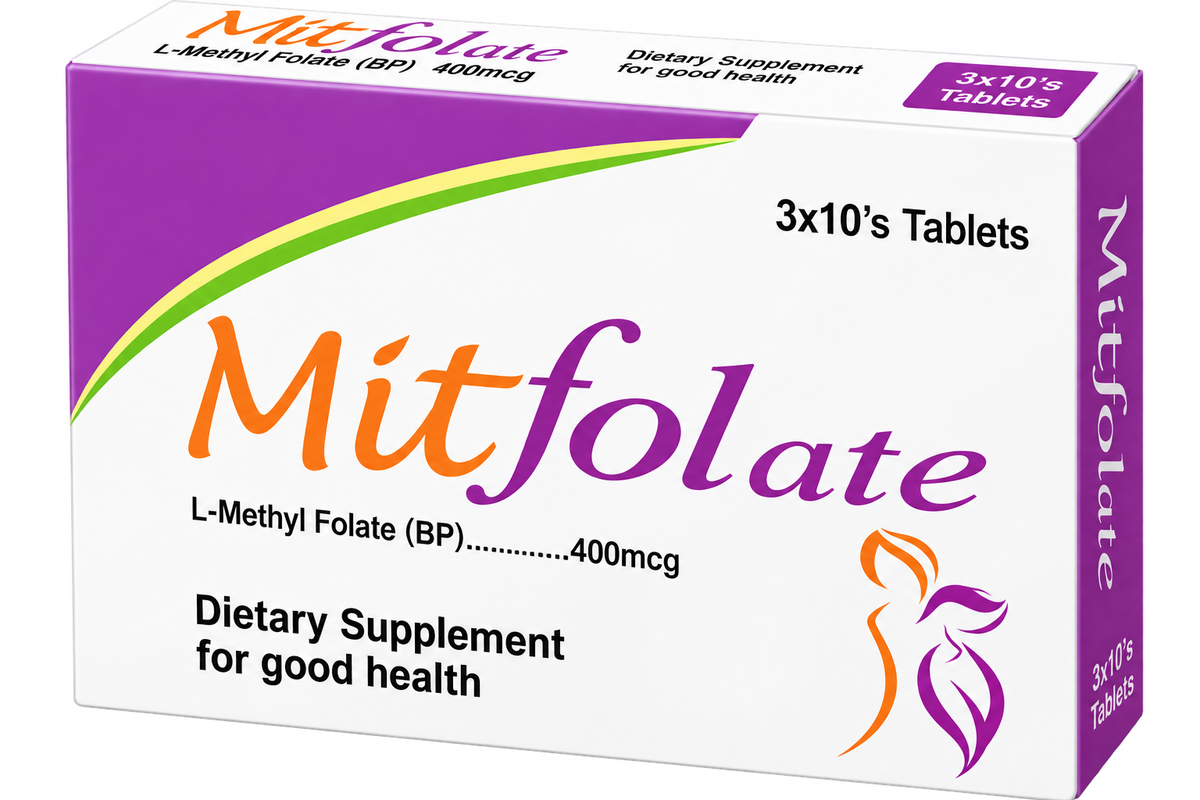 Mitfolate pack label showing L-methylfolate 400mcg per tablet