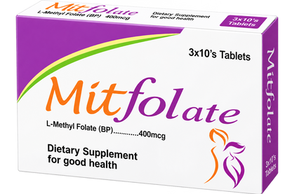 Mitfolate pack label showing L-methylfolate 400mcg per tablet