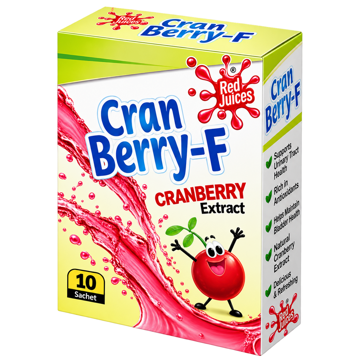 Cranberry-F sachet label showing cranberry extract and vitamin C per 6g sachet