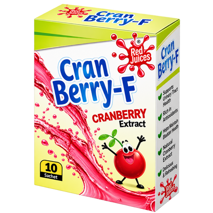 Cranberry-F sachet label showing cranberry extract and vitamin C per 6g sachet