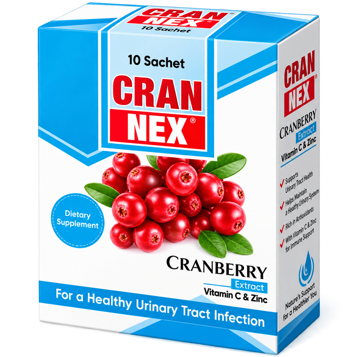 Cran-Nex sachet label showing cranberry extract, vitamin C and zinc per 6g sachet