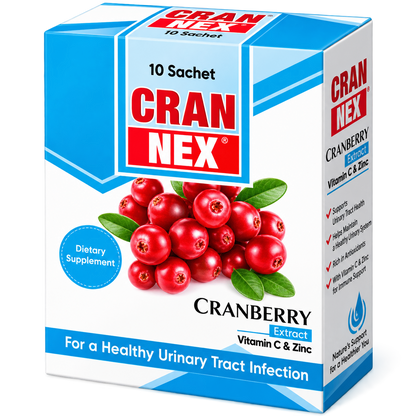 Cran-Nex sachet label showing cranberry extract, vitamin C and zinc per 6g sachet